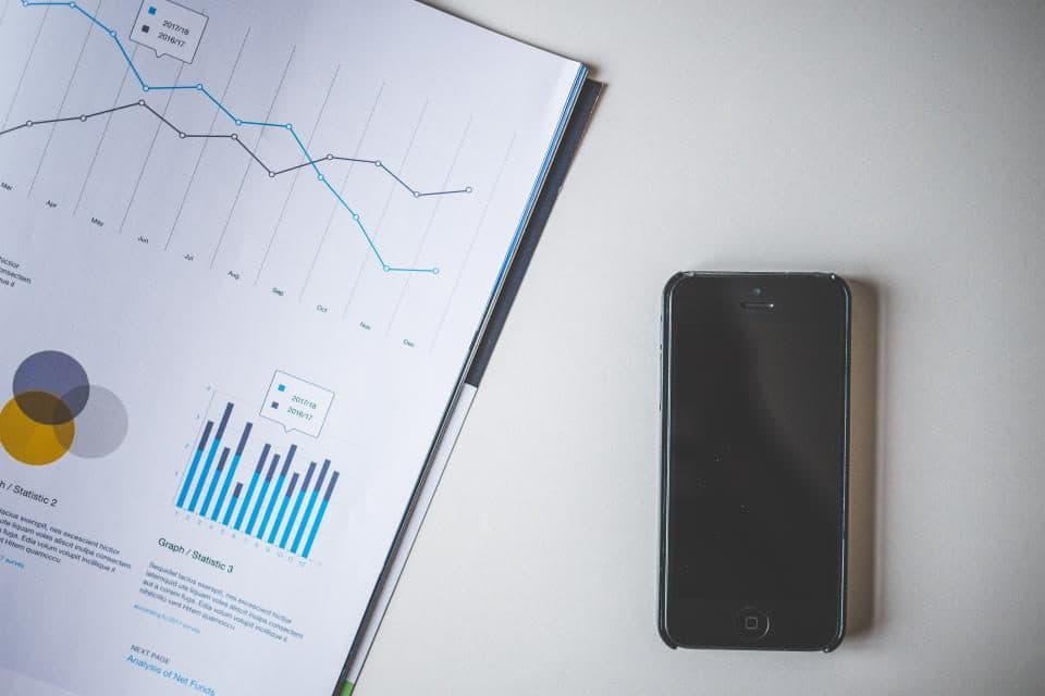 A printed report with line and bar charts on a desk beside a phone